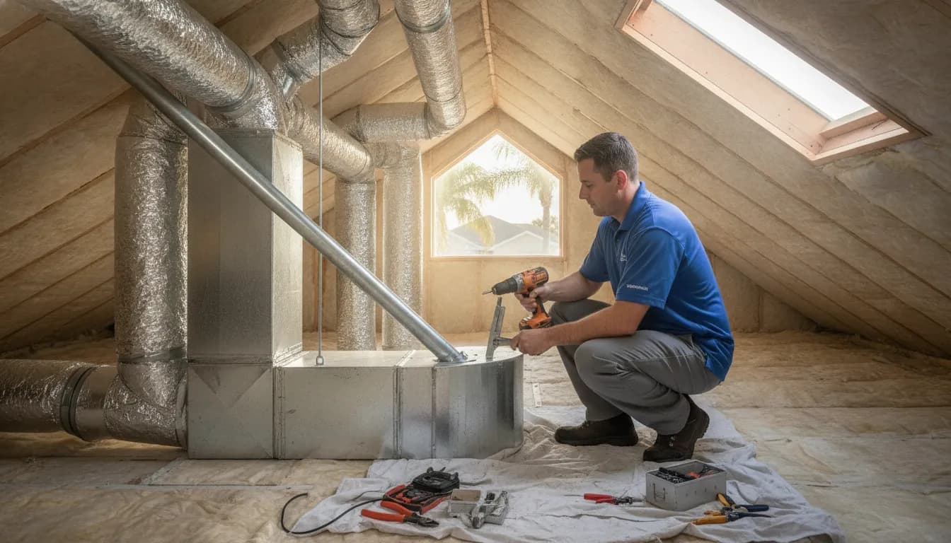 HVAC technician installing zone dampers in the attic ductwork of a two-story Florida home