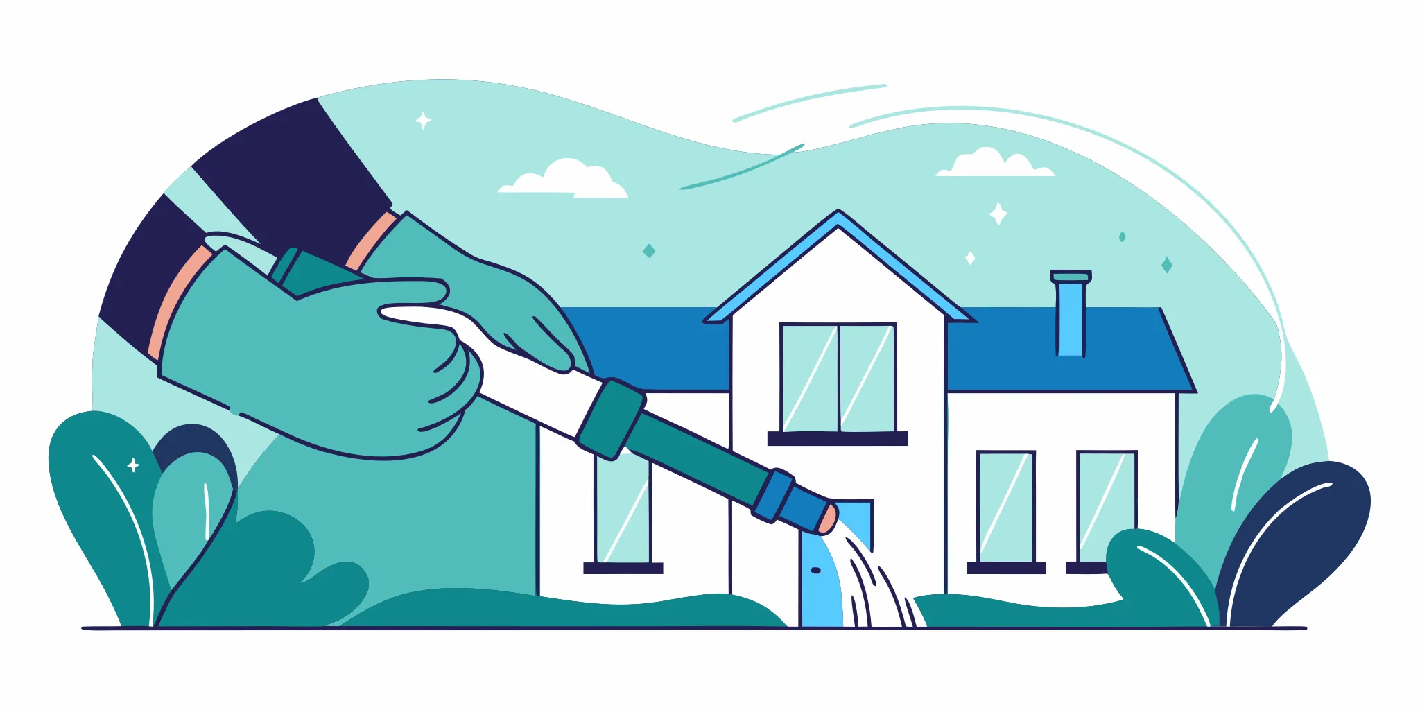 Hydro jetting a home's drain pipe with a high-pressure water stream to clear clogs.