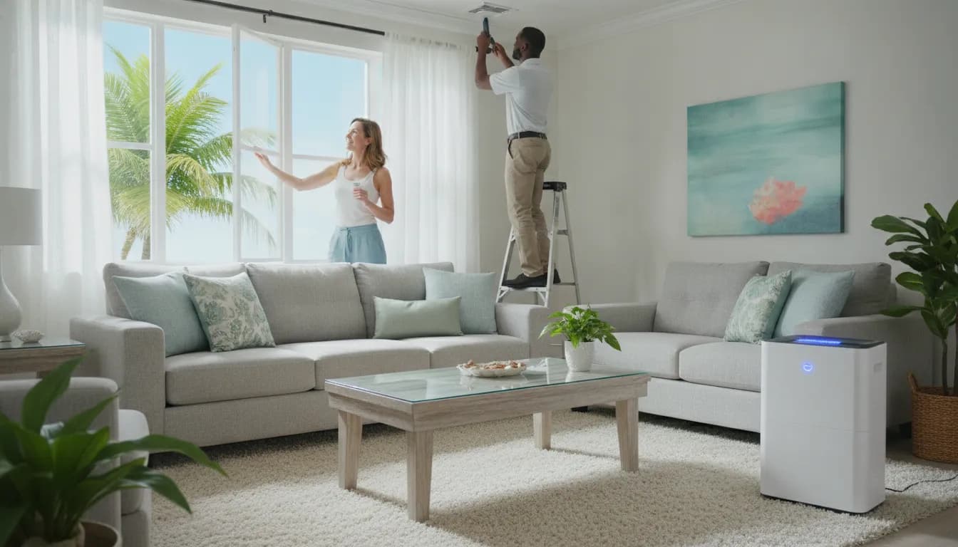 Technician and homeowner examining an HVAC return in a Florida home