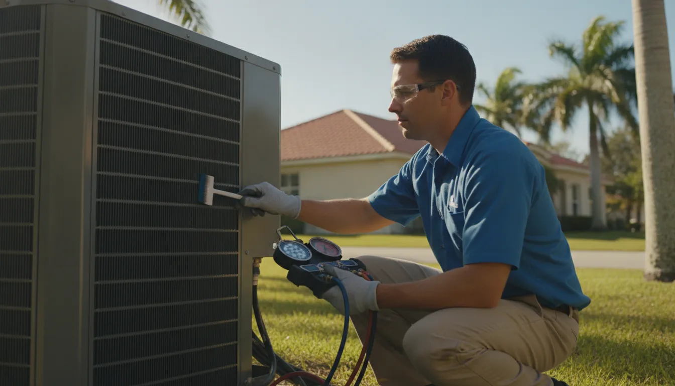 Professional HVAC technician performing routine maintenance on a residential air conditioning condenser outside a Florida home