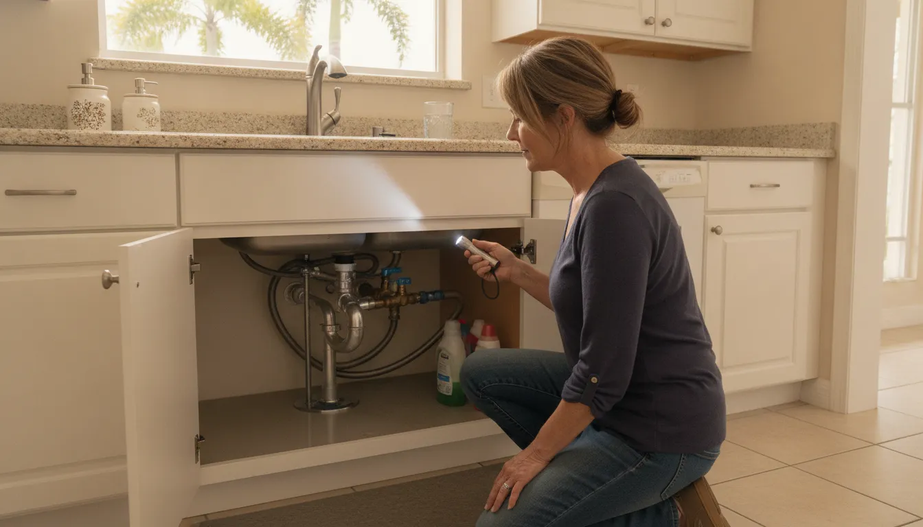 Homeowner inspecting kitchen sink plumbing connections