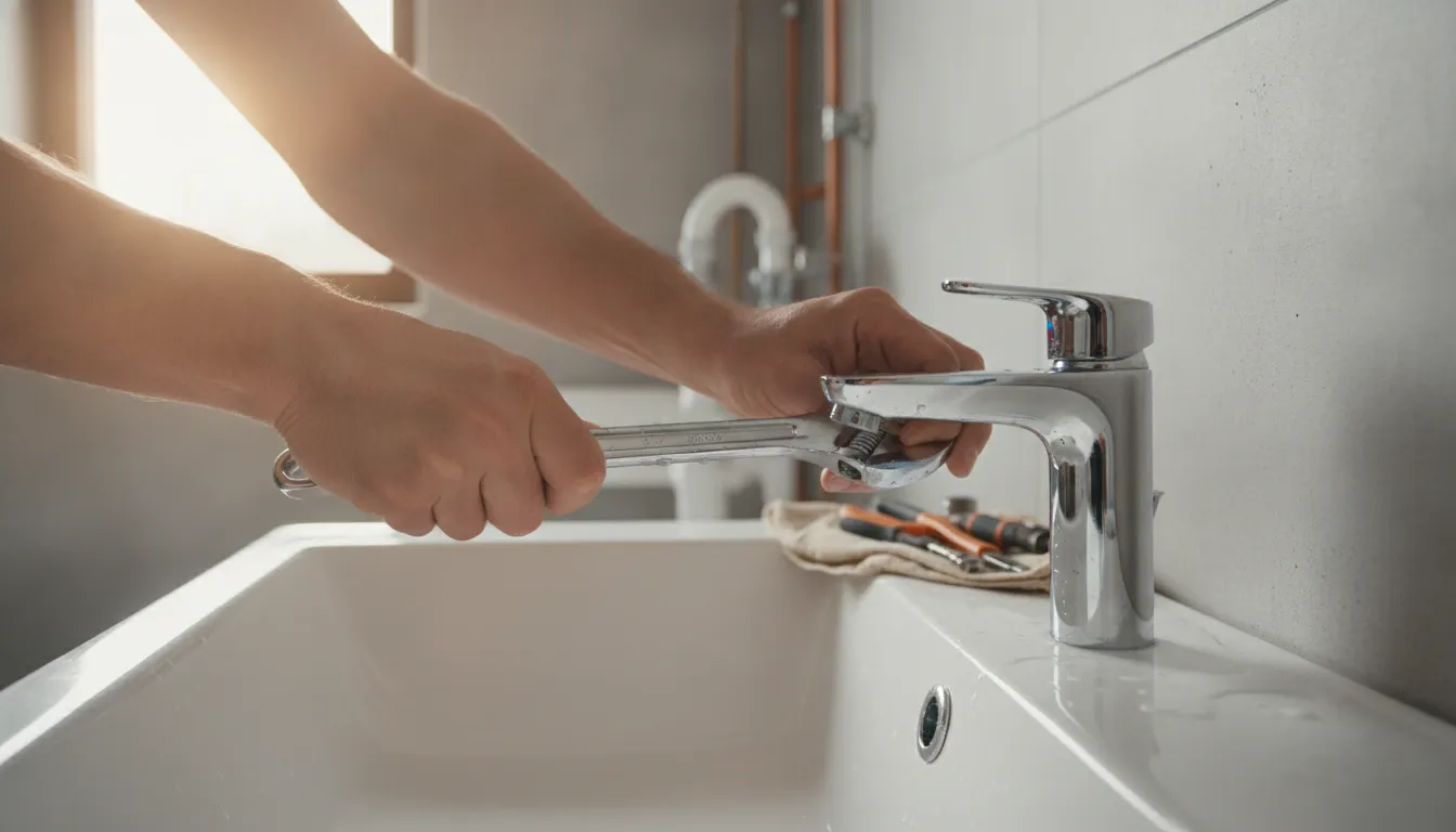 Plumber tightening a chrome faucet with a wrench