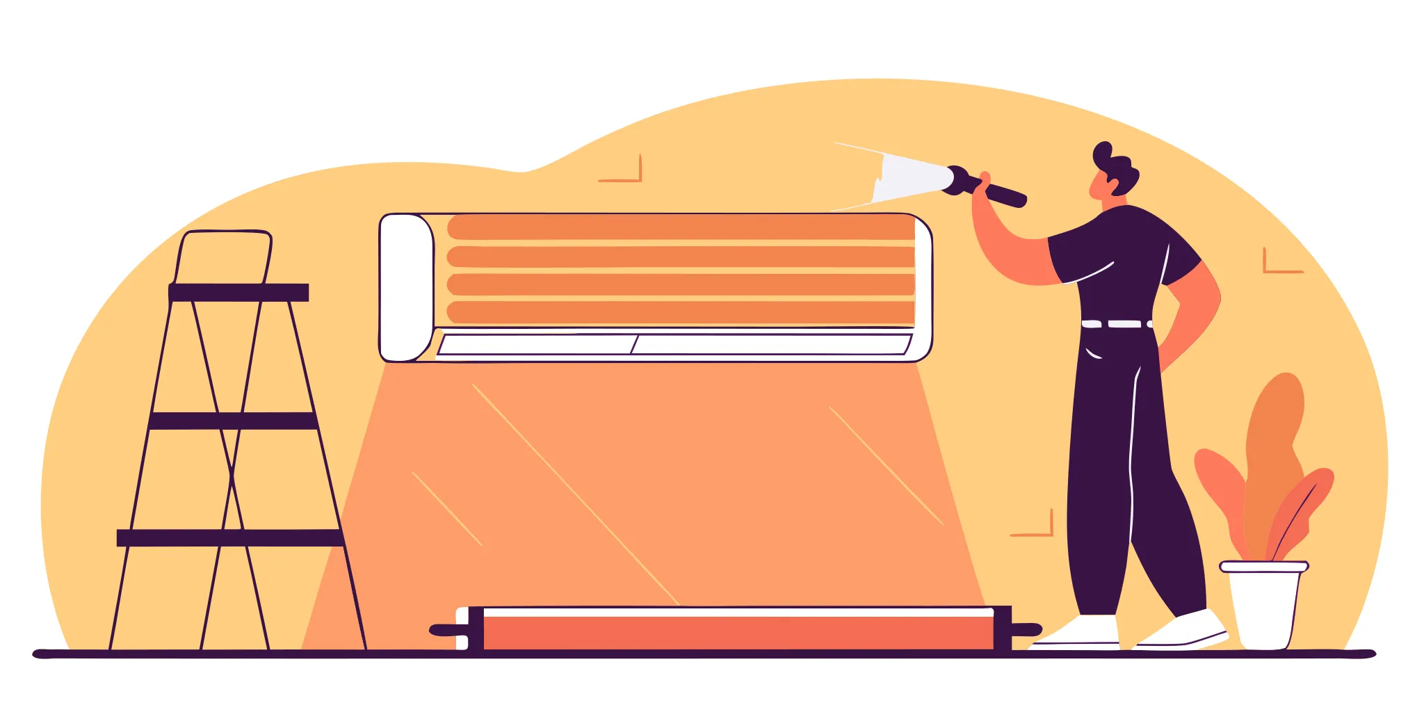 Technician performing local AC repair on a wall-mounted air conditioner in a home.