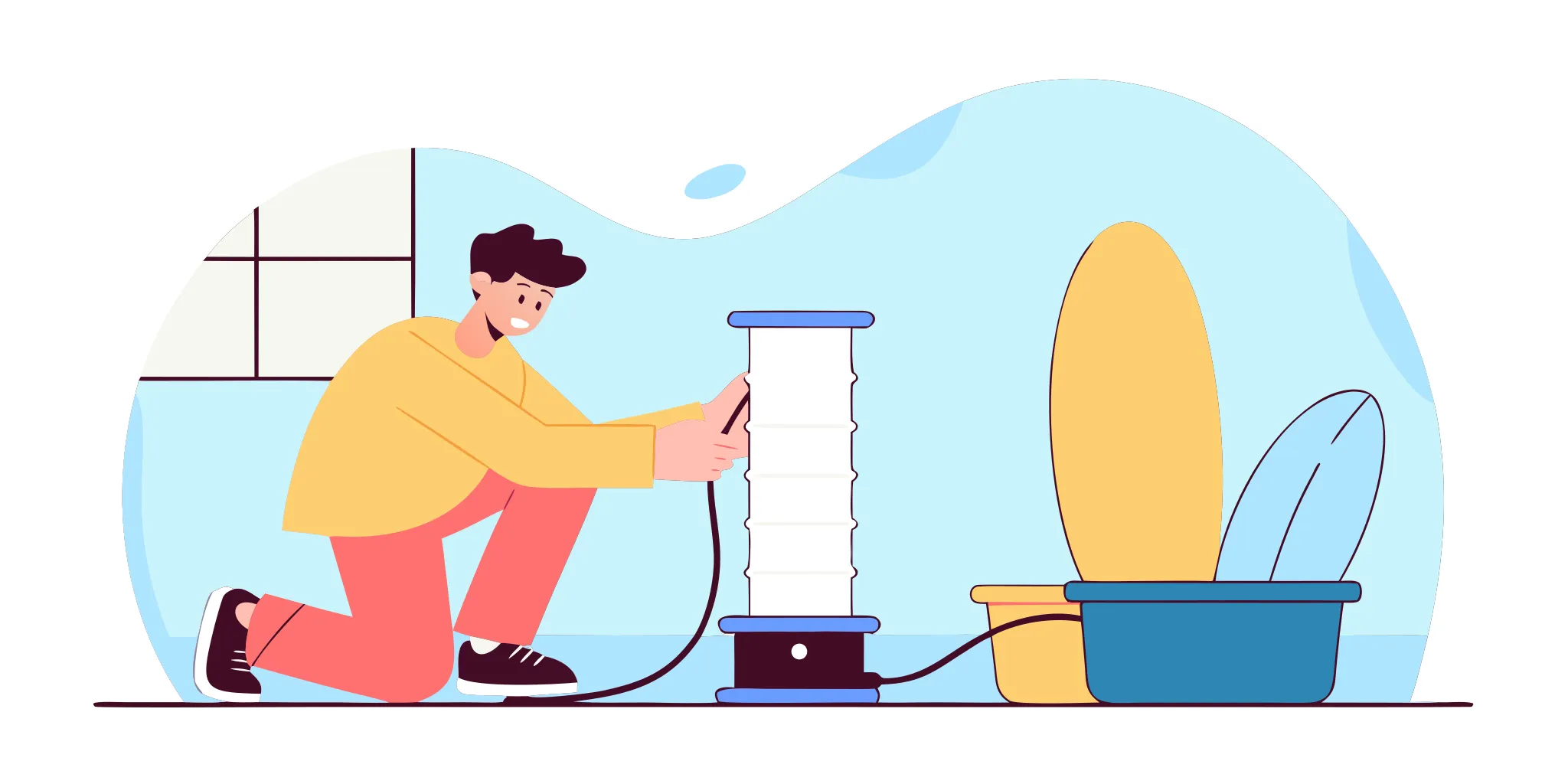 Plumber using a pump for main drain clog removal.