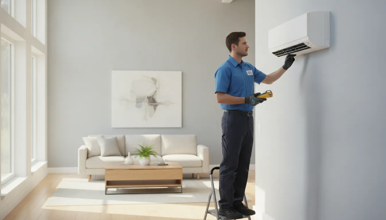 HVAC technician inspecting a wall-mounted mini split air conditioner that is not cooling a room