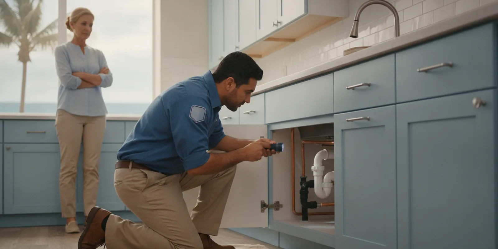 Plumber inspecting pipes beneath a kitchen sink in a Cape Canaveral home