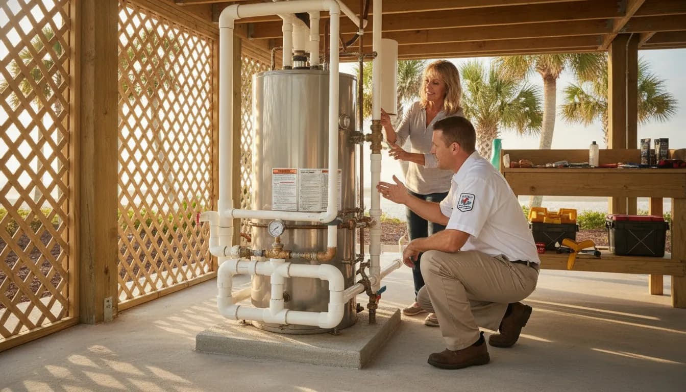 Plumber Cocoa Beach FL technician inspecting a coastal home plumbing connection