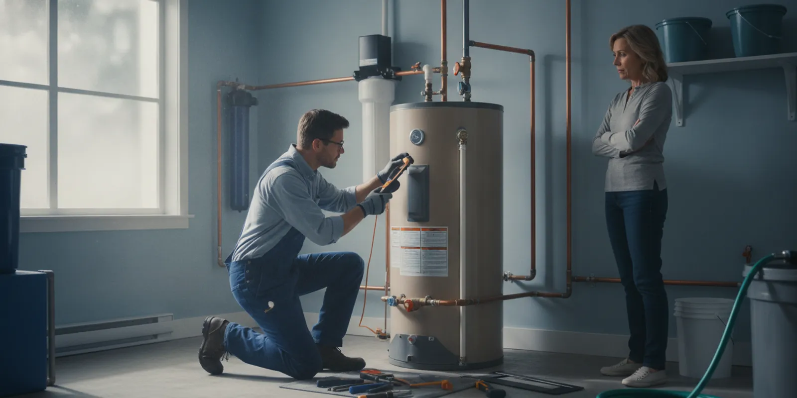 Plumber inspecting a residential water heater in a Florida utility area
