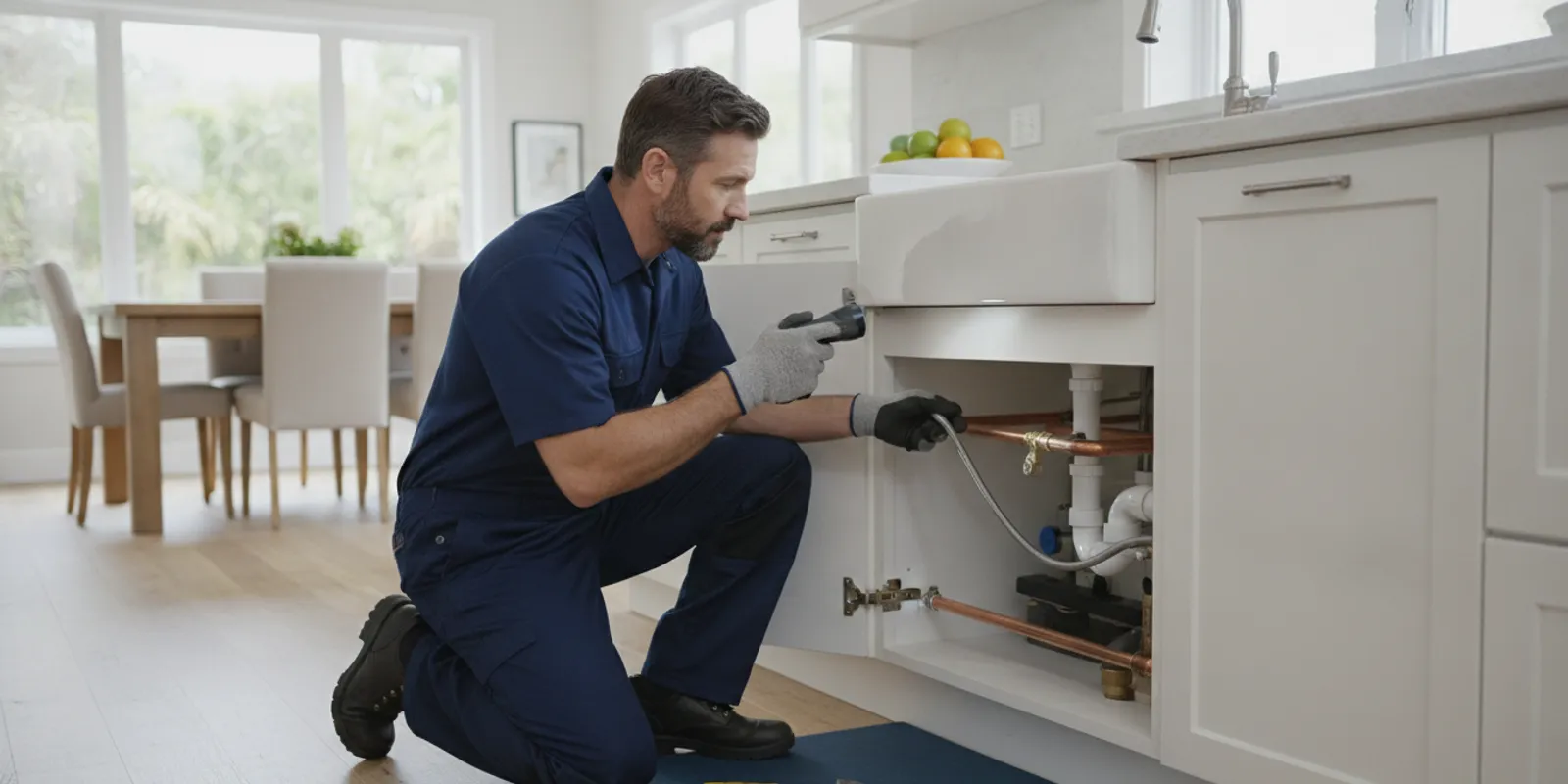 Plumber inspecting pipes beneath a residential kitchen sink in Melbourne, Florida
