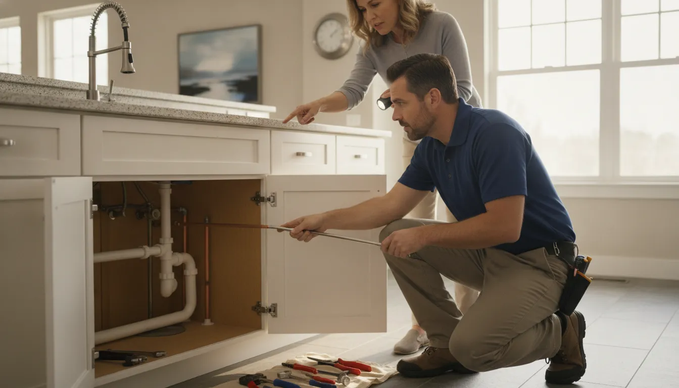 Plumber inspecting residential plumbing in a Rockledge home