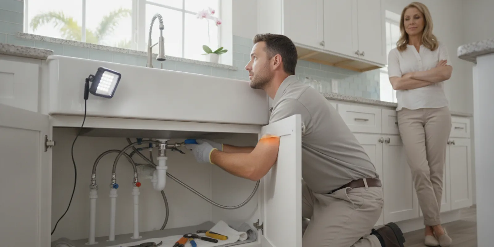 Plumber inspecting a residential water pipe beneath a kitchen sink in Titusville, Florida