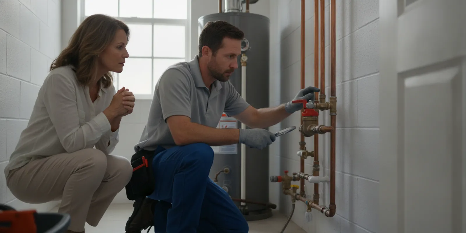 Plumber inspecting pipes and shutoff valves in a residential utility area