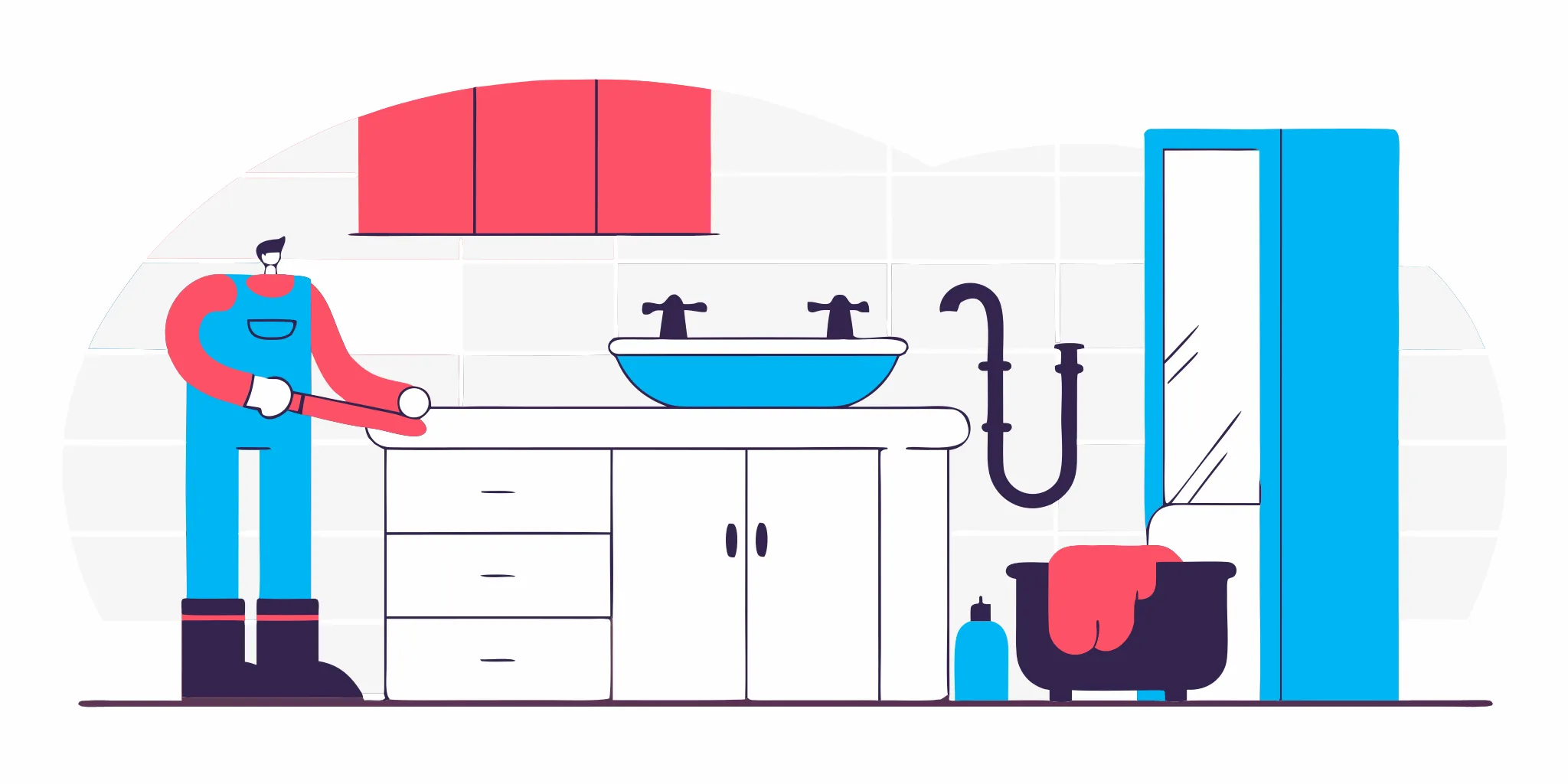 A plumber uses a wrench to fix a bathroom sink, a common plumbing service for homeowners.