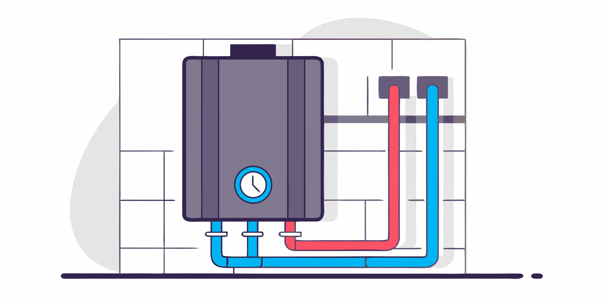 Propane tankless water heater installed on a tiled wall with hot and cold water pipes.