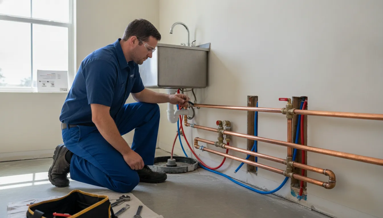Repiping service Melbourne FL plumber inspecting copper and PEX water lines