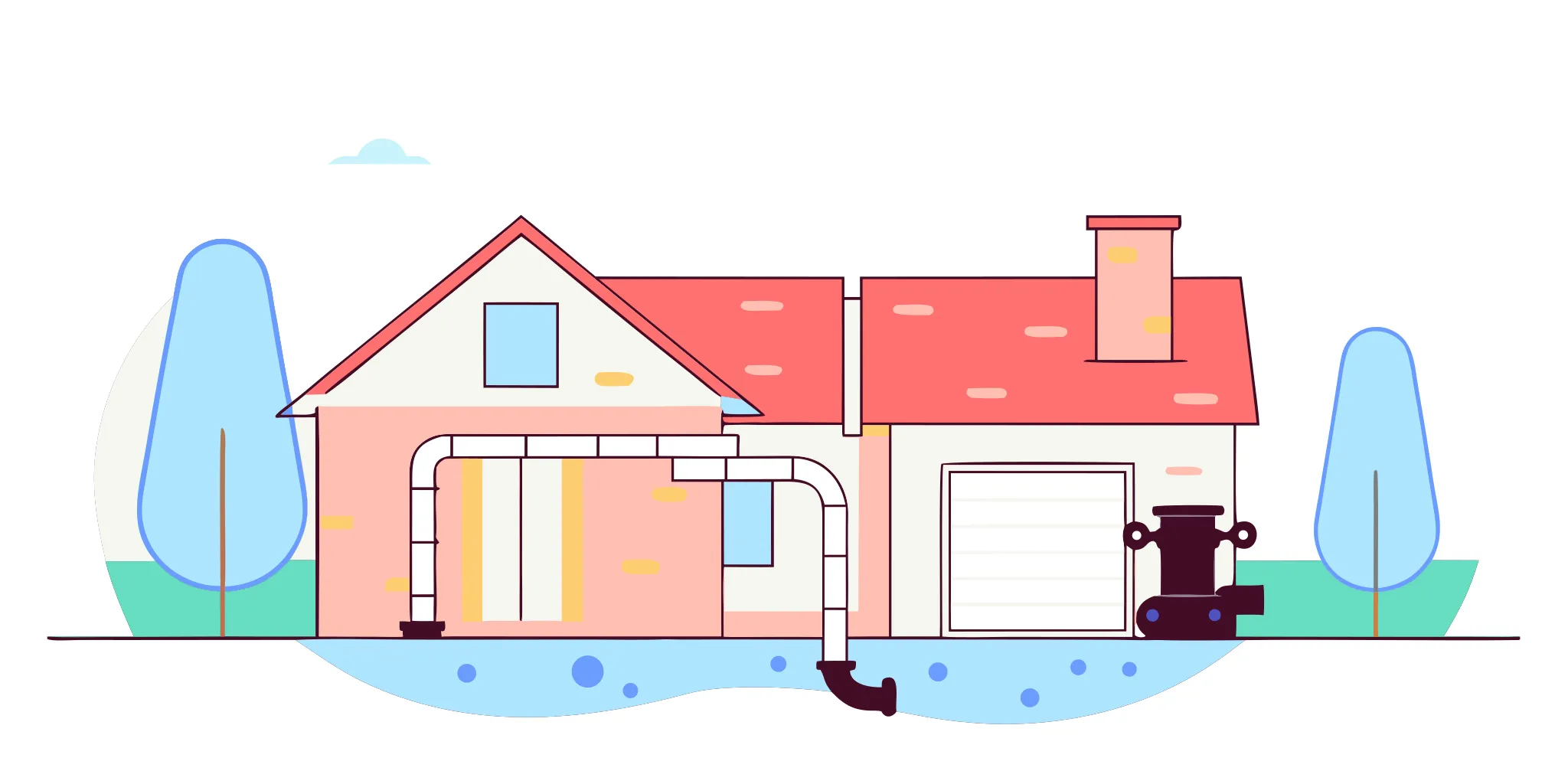 A home's sewer backup system with pipes and a pump, a factor in sewer backup repair cost.