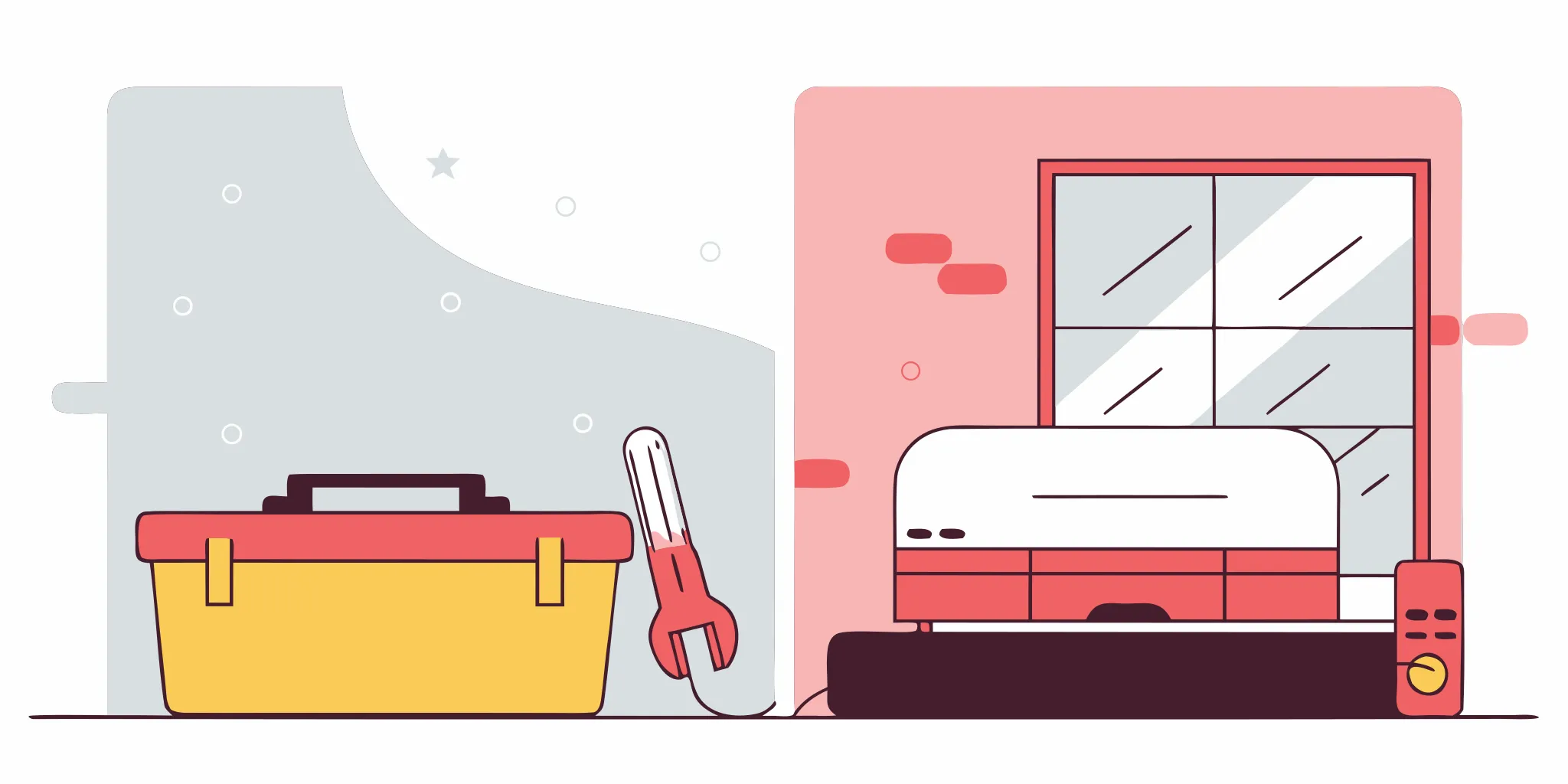 A toolbox sits by an air conditioner, ready for a decision on AC repair or replacement.