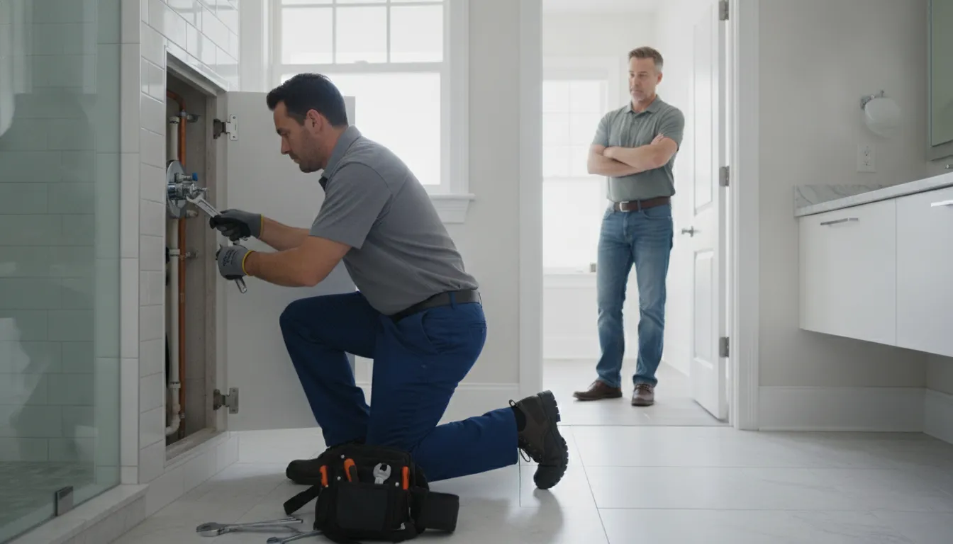 Plumber inspecting a shower valve in a Florida home bathroom