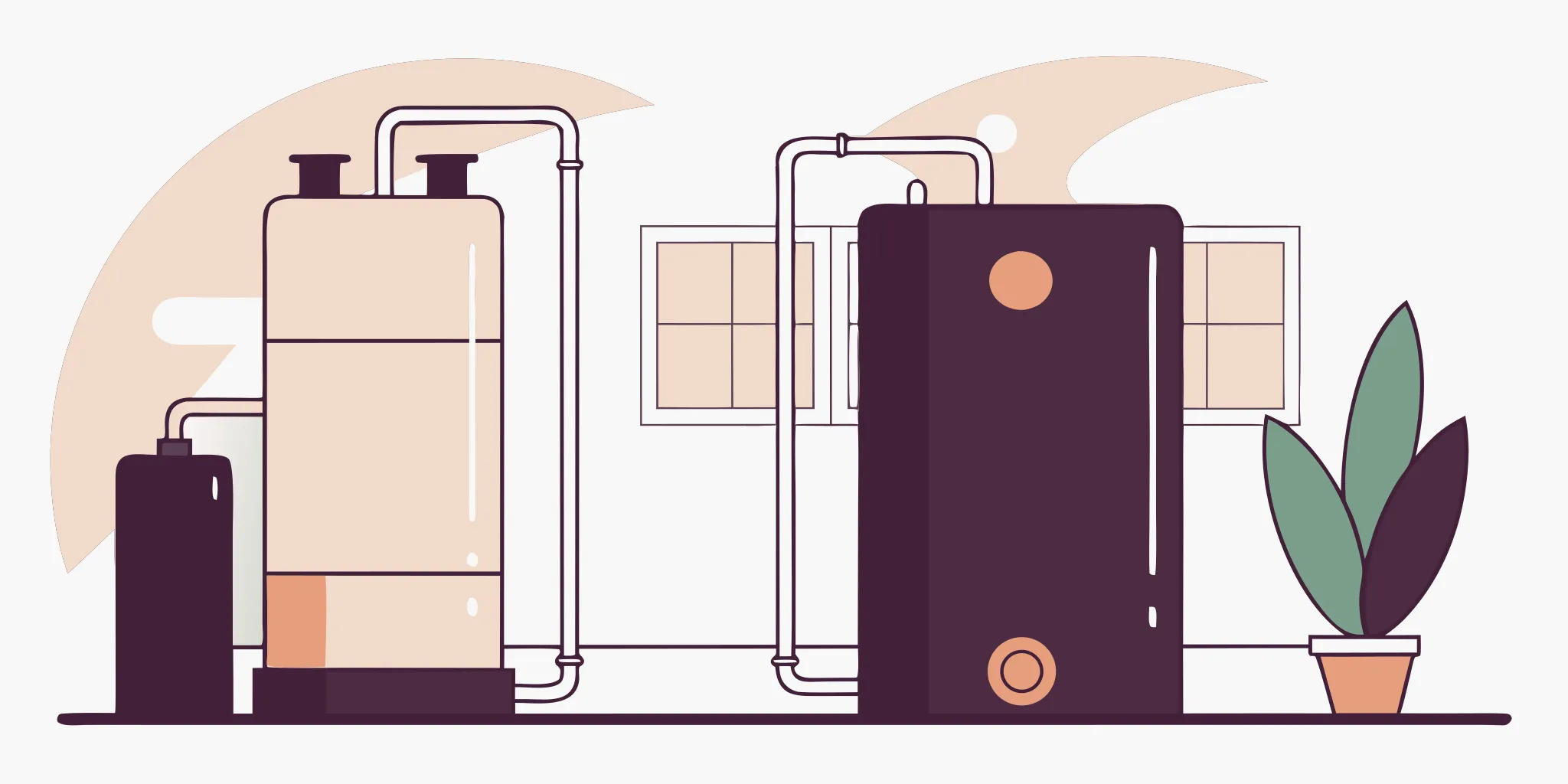 Side-by-side comparison of a traditional tank water heater and a wall-mounted tankless water heater in a modern utility room