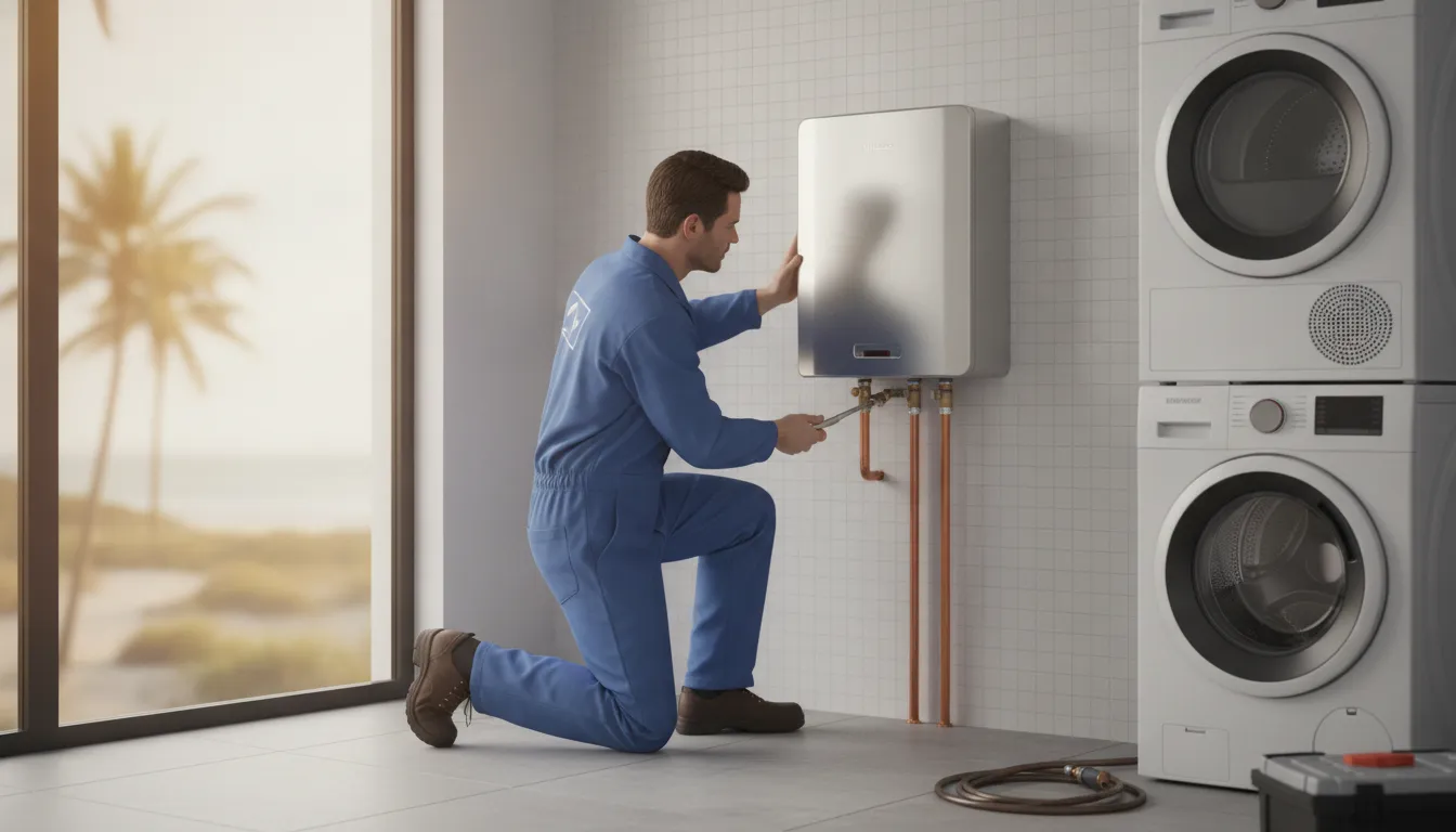 Professional plumber installing a wall-mounted tankless water heater in a Florida utility room