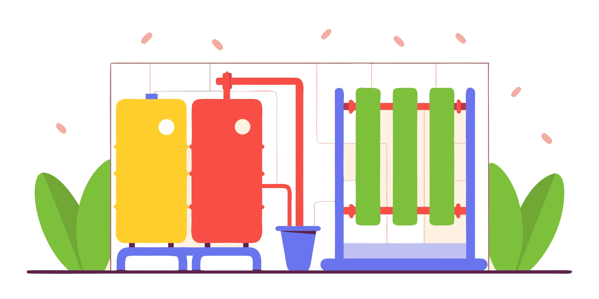 Commercial plumbing installation with a system of tanks, pipes, and water filters.