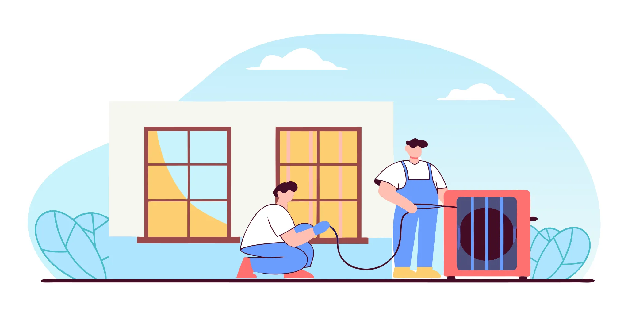 An HVAC technician performs AC service and repair on a home's outdoor unit.