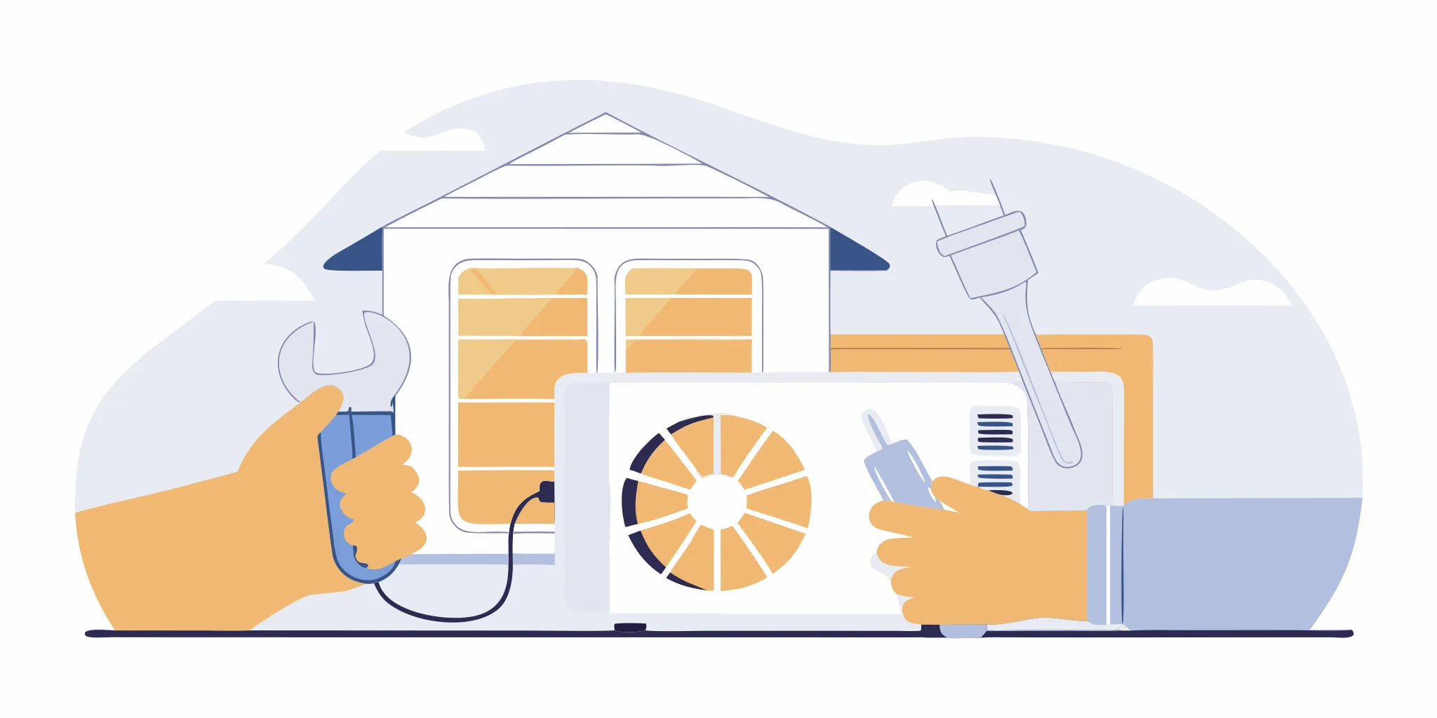 Hands with tools performing an air conditioner repair on an outdoor unit.