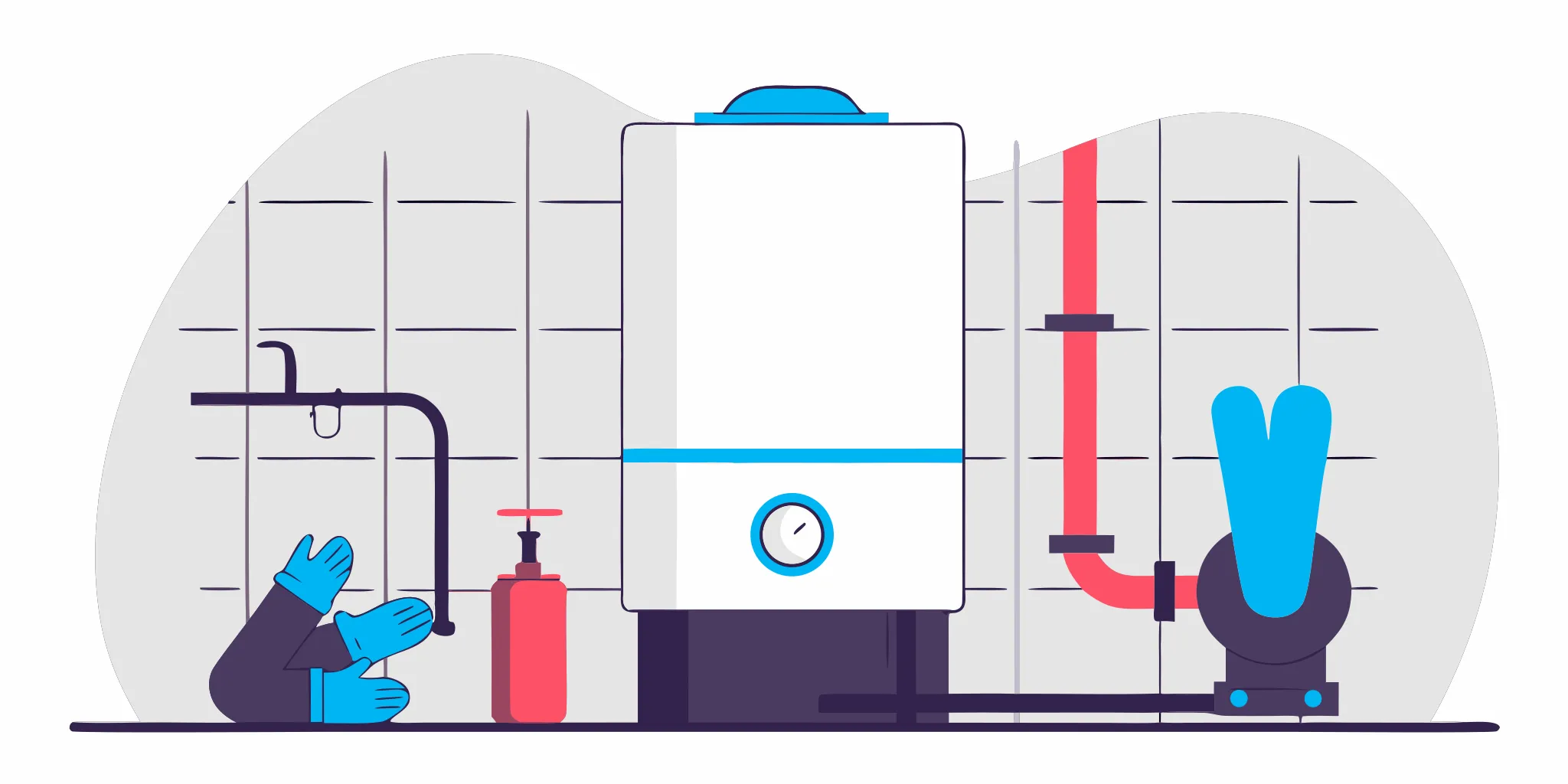A home water heater with tools and gloves ready for repair.