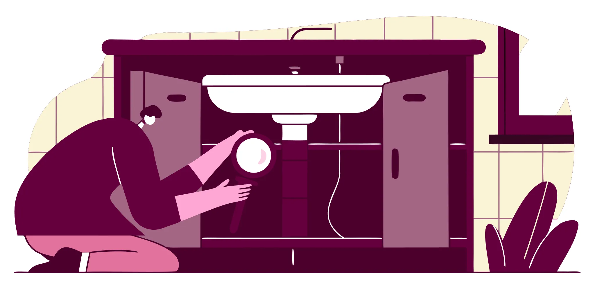 Homeowner performing water leak detection under a bathroom sink.