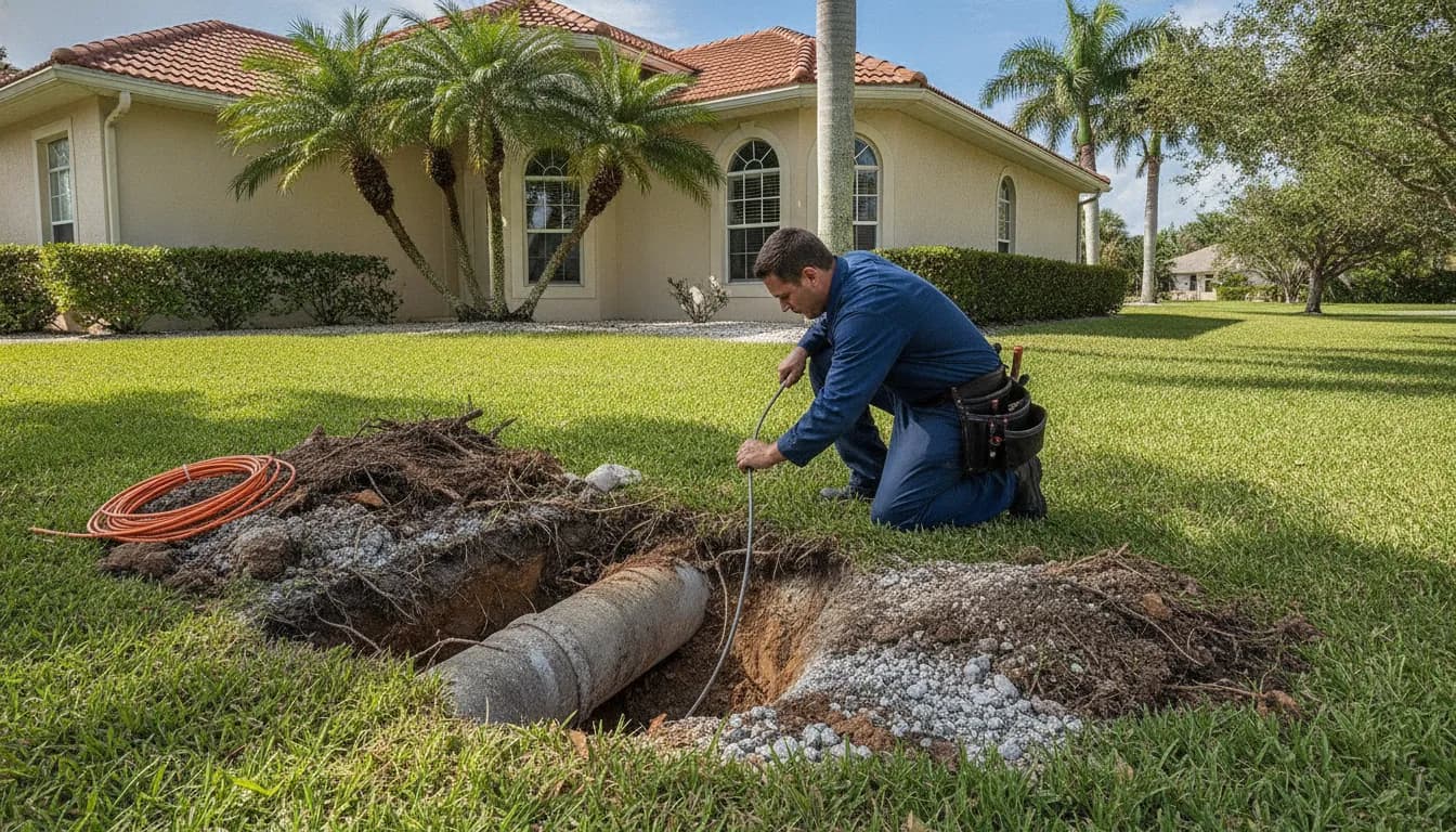 Professional plumber inspecting an underground sewer drain line with a camera scope near a Brevard County Florida home