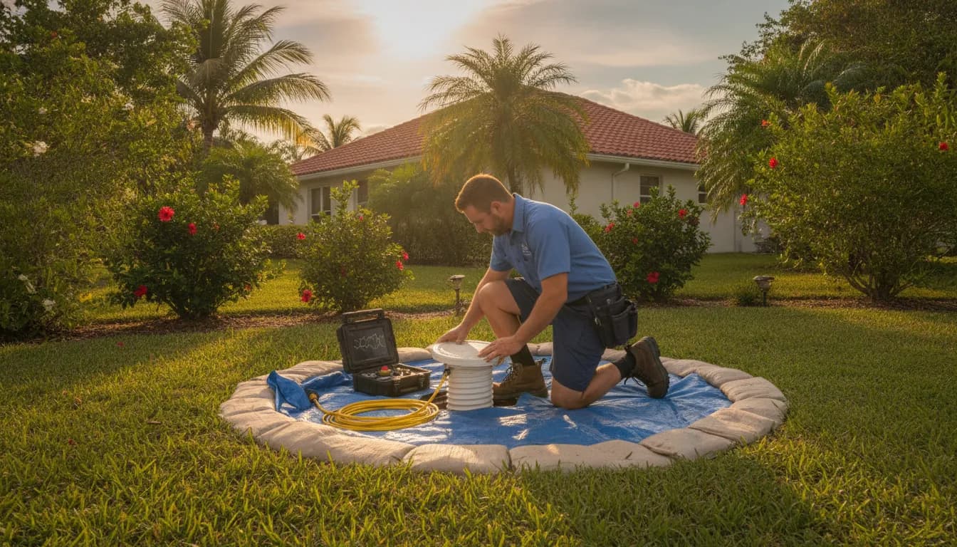 Plumber inspecting a residential sewer cleanout in a Florida yard