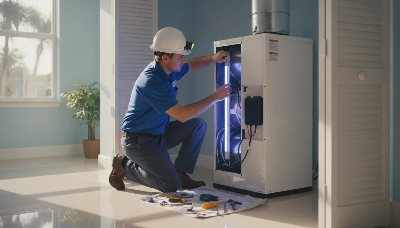 HVAC technician installing a UV air purifier lamp inside a Florida air handler
