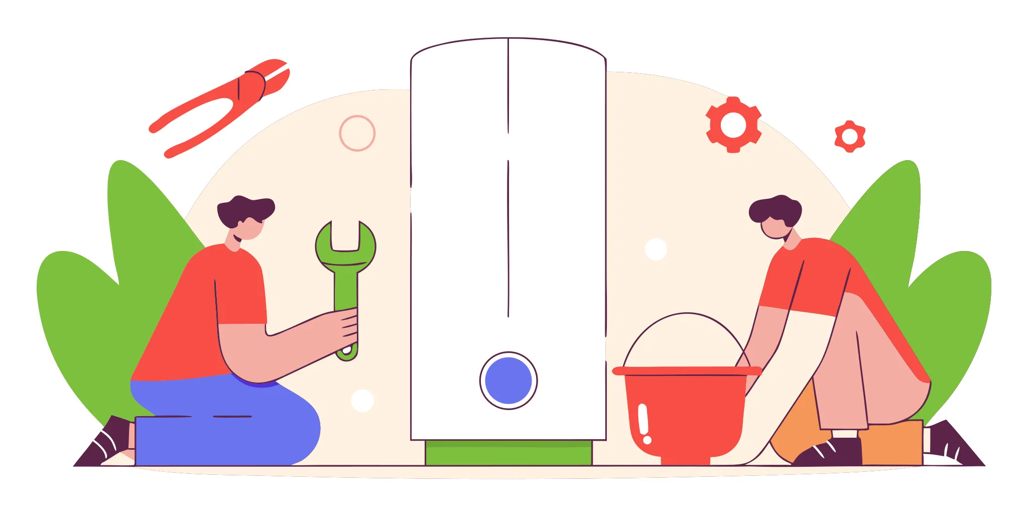Two people with tools working on a water heater installation.