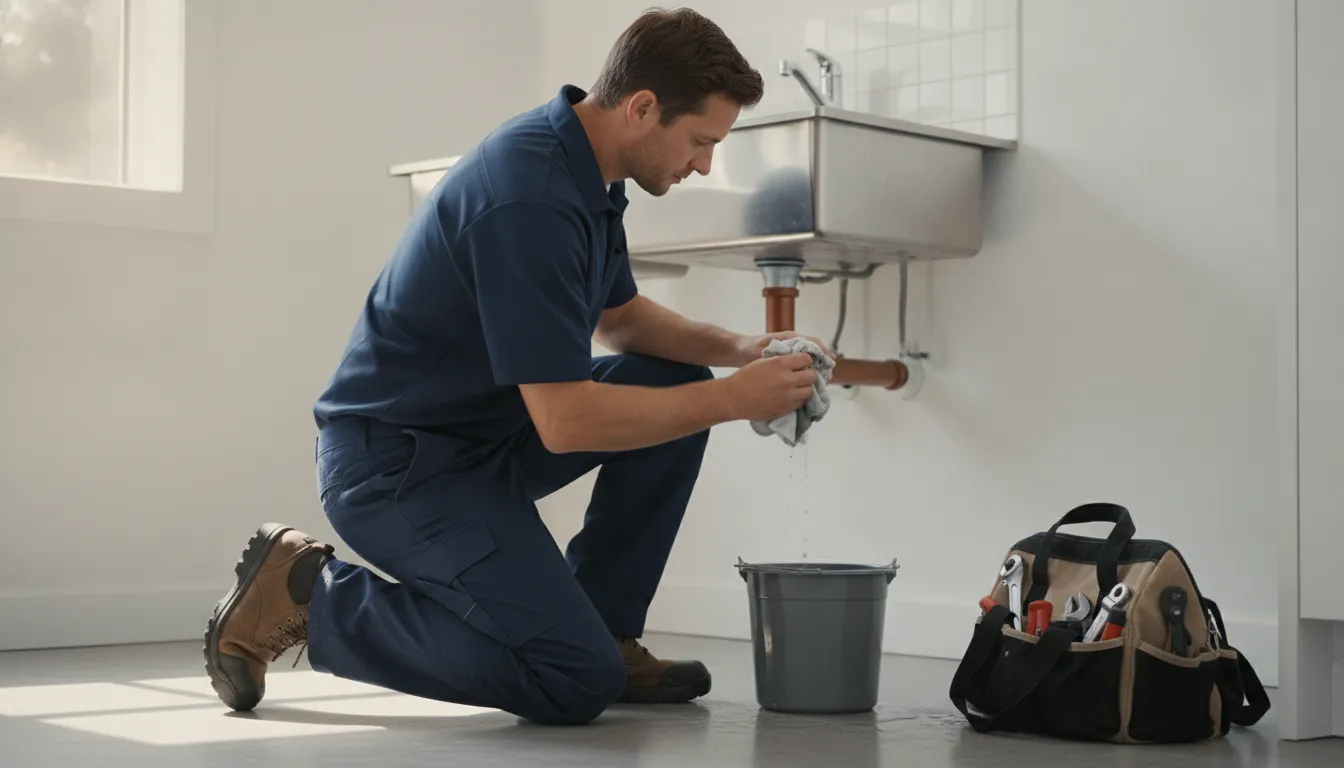 Licensed plumber inspecting a water heater for a leak