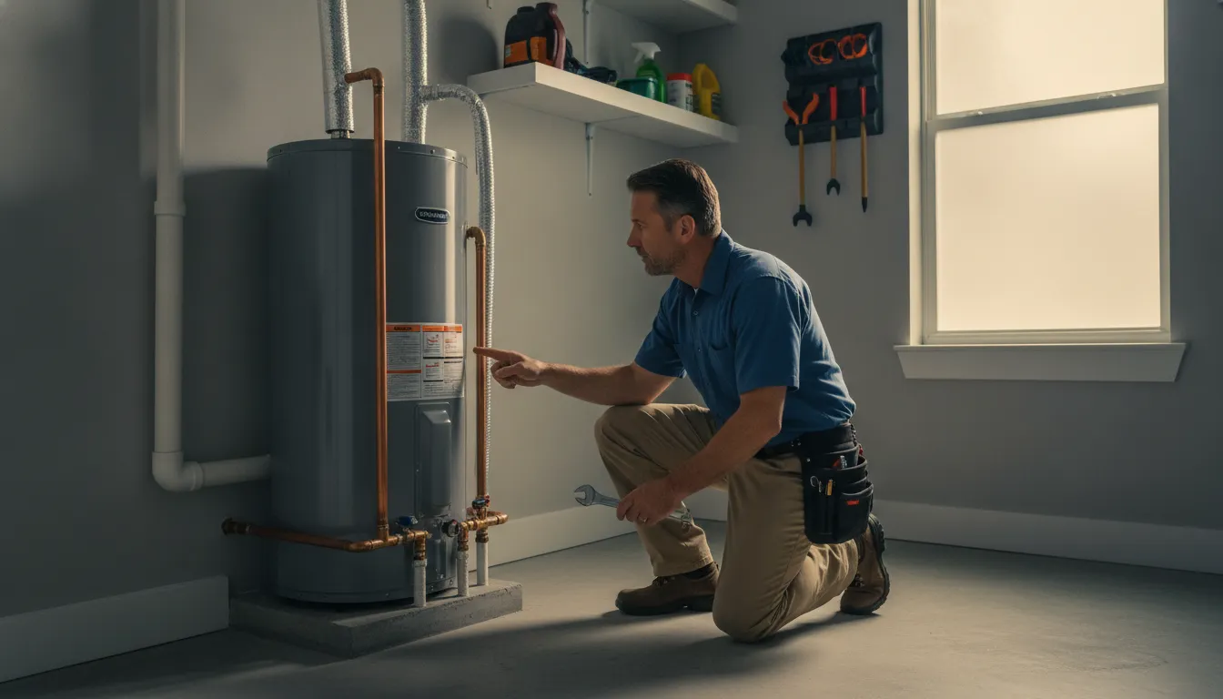 Plumber inspecting a water heater during replacement in a Titusville home