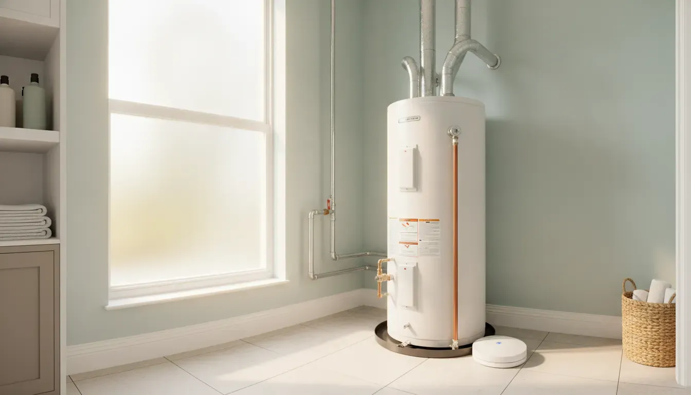 Water leak detector beside a residential water heater