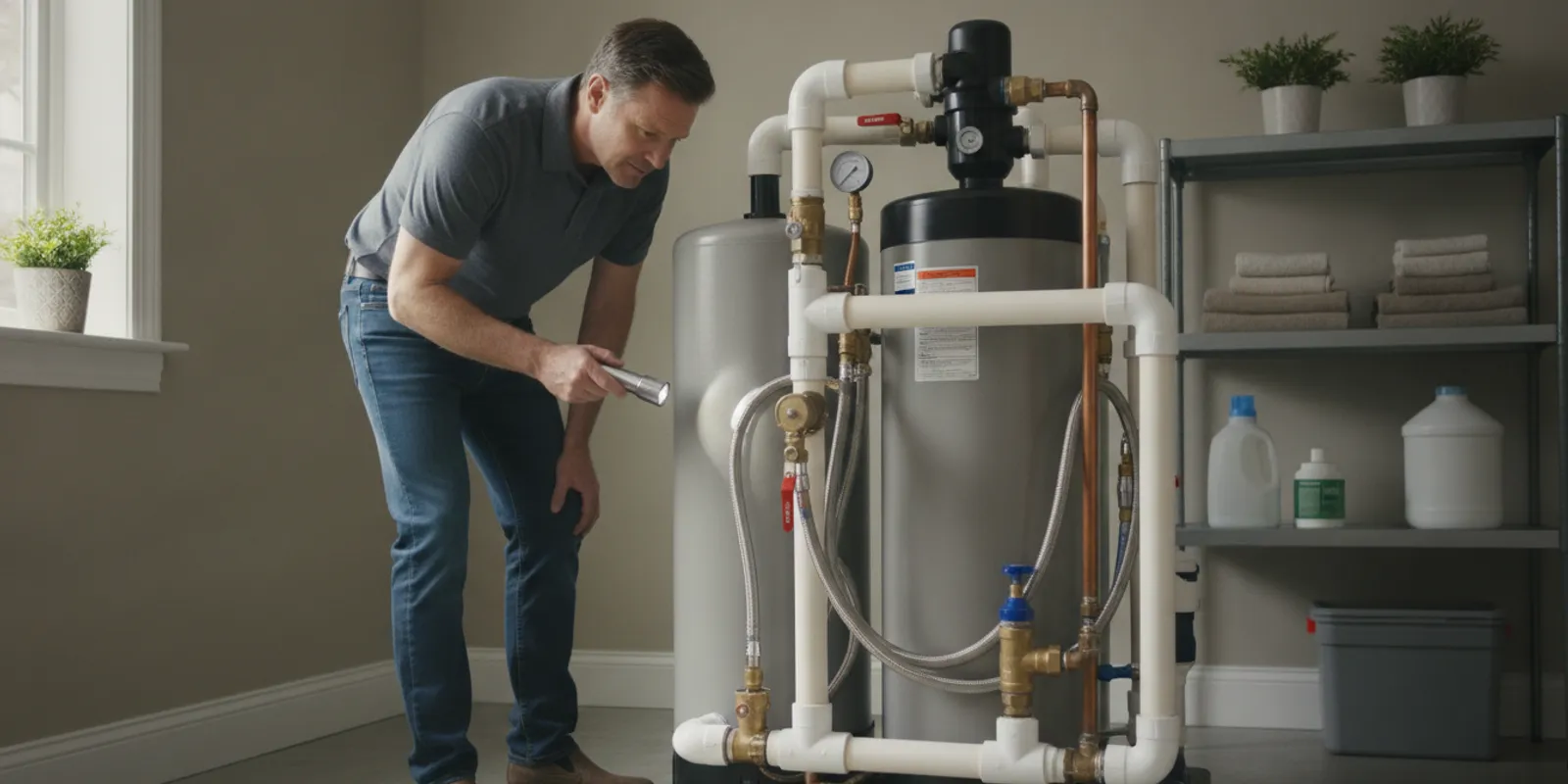 A homeowner checks a residential water softener system beside plumbing equipment
