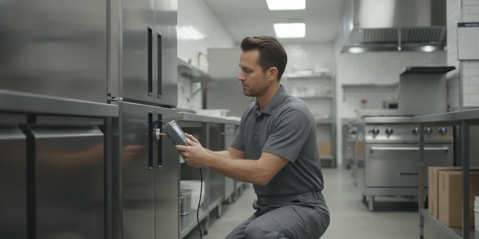 Technician inspecting a commercial refrigeration unit in a clean business kitchen