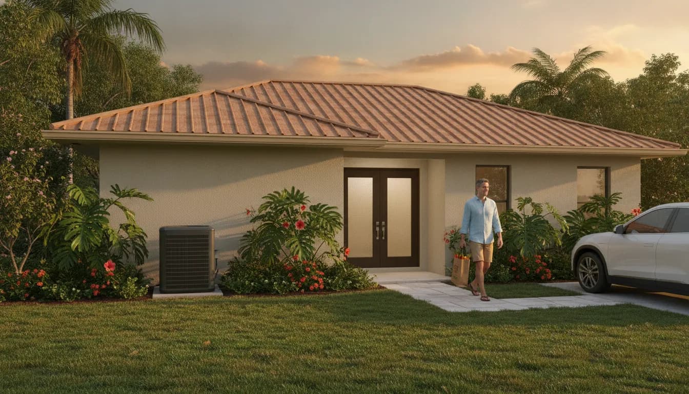 Heat pump outdoor unit beside a Florida home