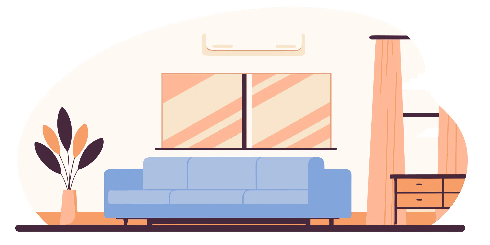 A ductless mini split AC unit mounted on the wall in a modern living room.