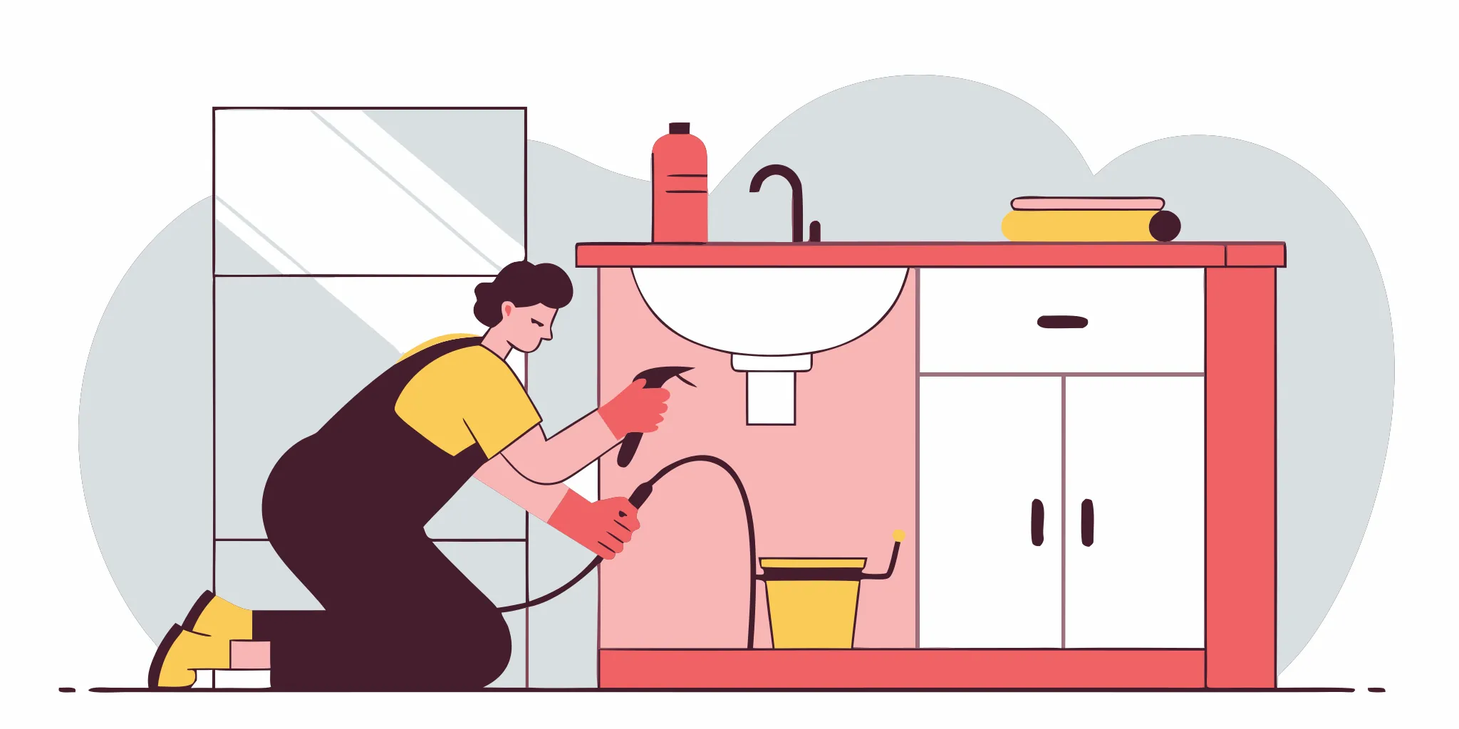 Plumber performing a leak detection service to find a hidden water leak under a sink.