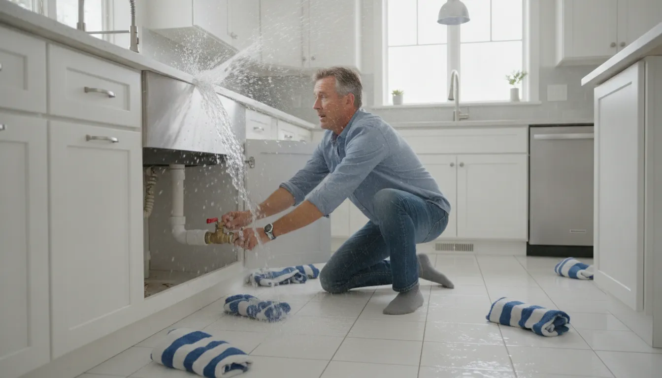 Homeowner shutting off a main water valve while water sprays from a burst pipe