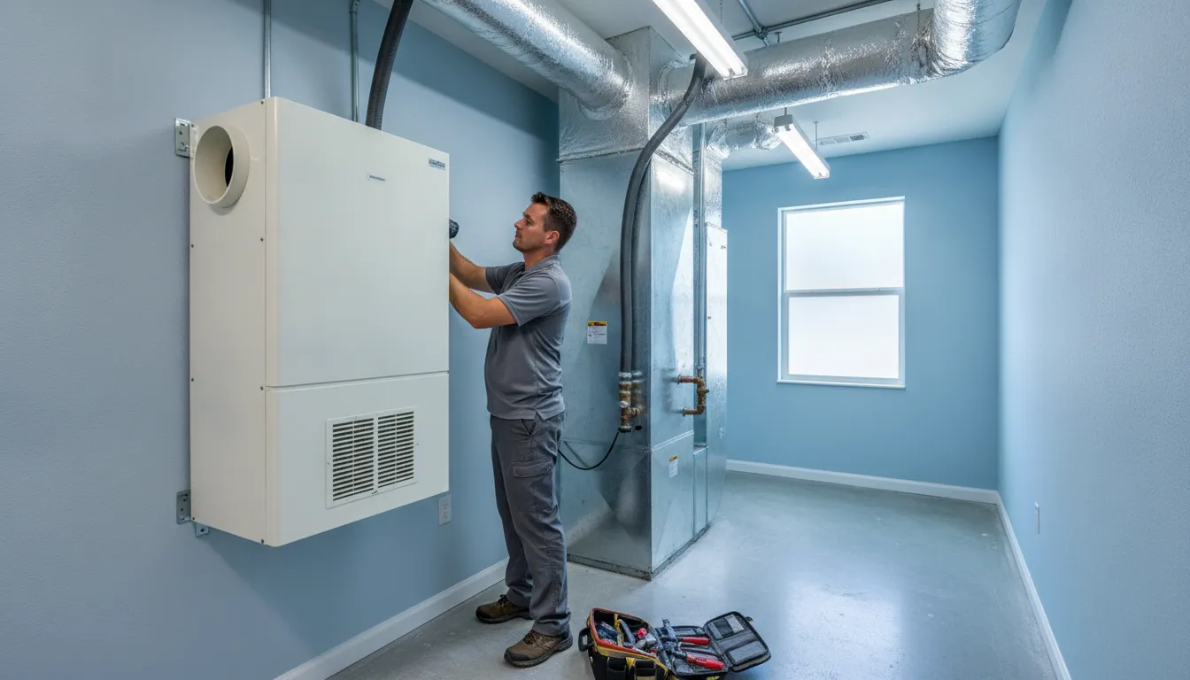 HVAC technician installing a whole-home dehumidifier beside an indoor air handler in a Florida home