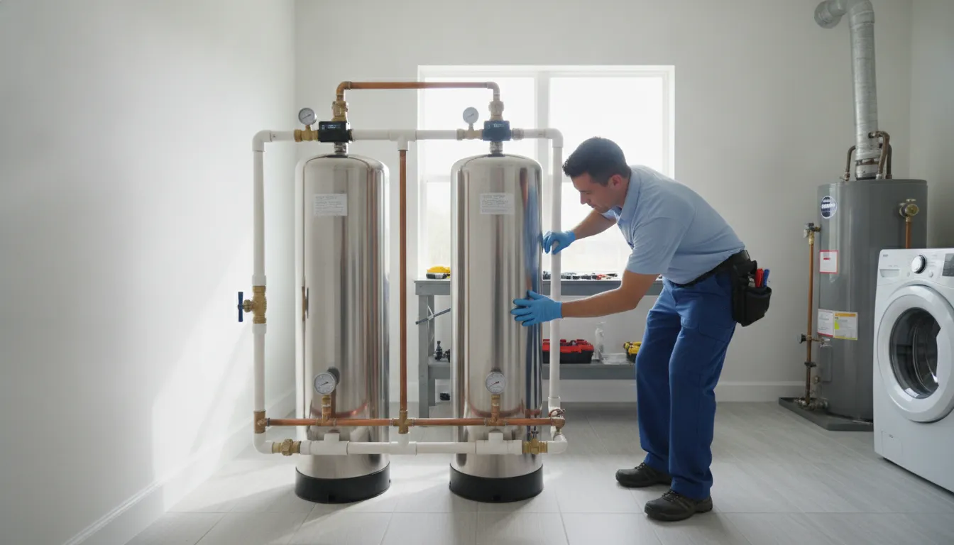 Whole-home water filtration and water softener system installed by a licensed plumber in a Florida home utility room
