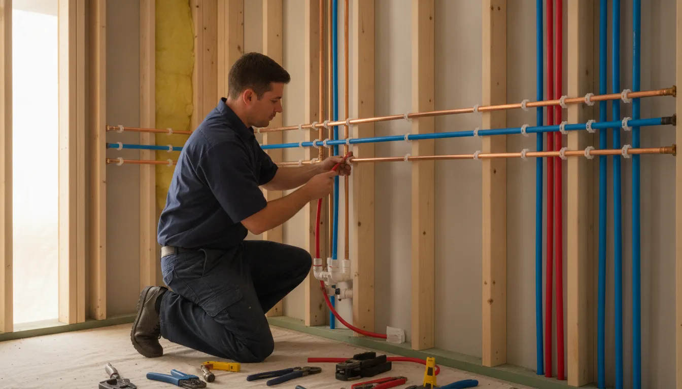 Plumber installing PEX water supply piping in a Florida home