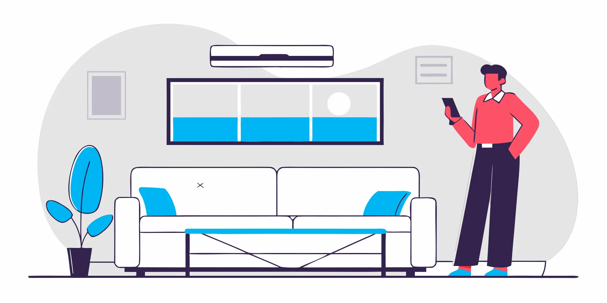 Homeowner in a living room with an air conditioner blowing warm air.