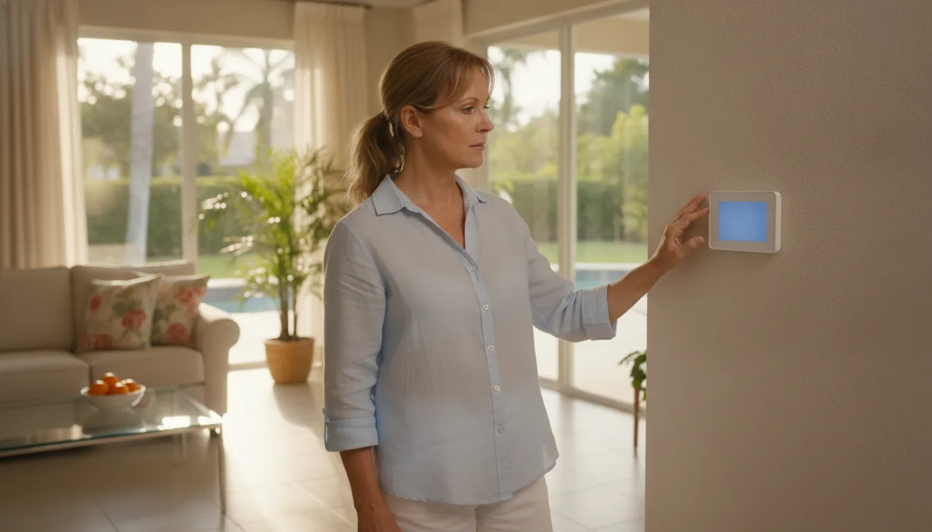 Homeowner checking the thermostat on an indoor air conditioning unit in a bright Florida home