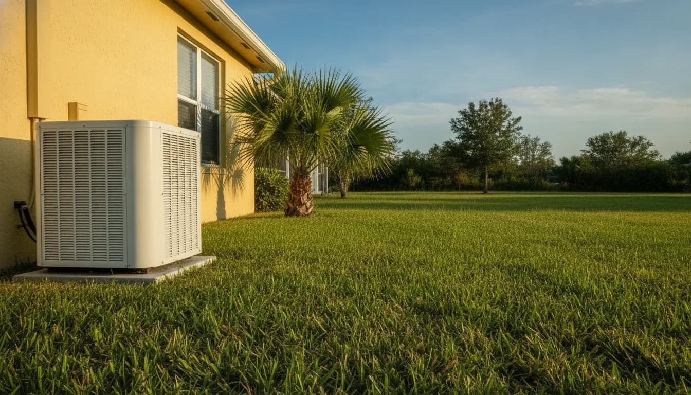 Outdoor AC condenser unit beside a Florida home on a sunny afternoon