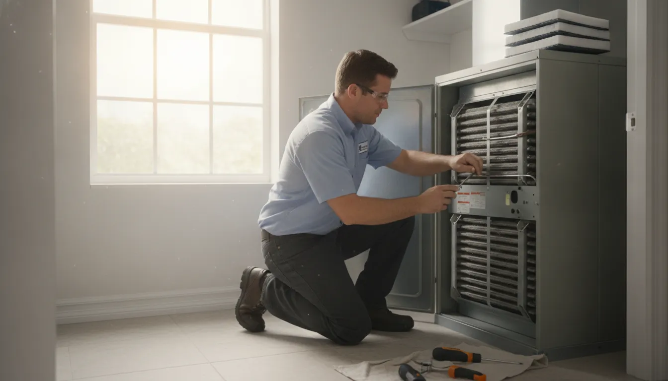 HVAC technician inspecting the indoor air handler and evaporator coil of a home AC to find a musty smell